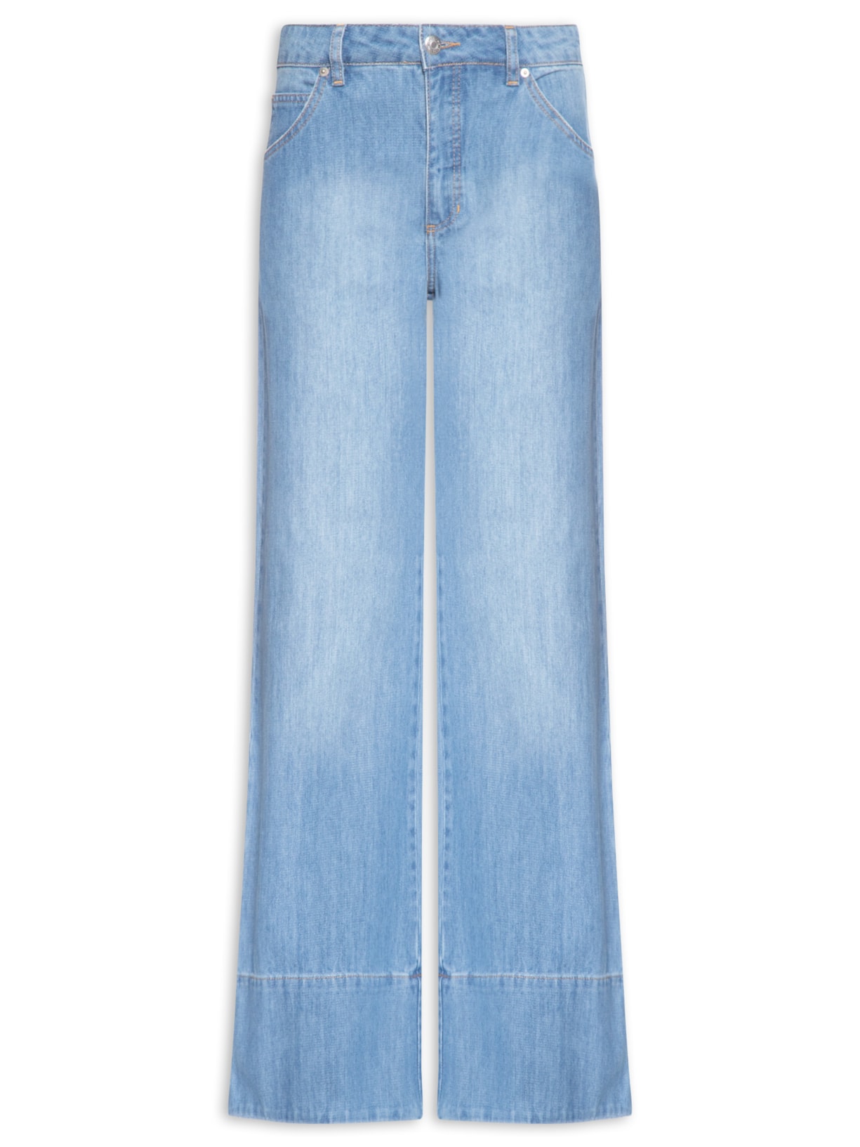 Calça Feminina Jeans Pantalona Com Barra Longa Azul Maria Filó