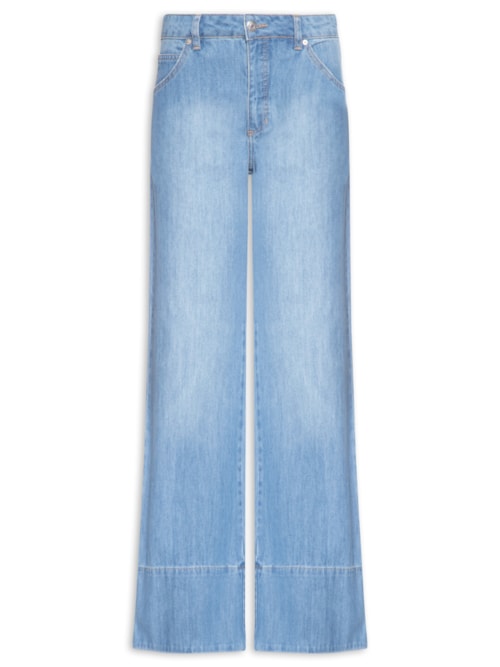 Calça Feminina Jeans Pantalona Com Barra Longa - Azul