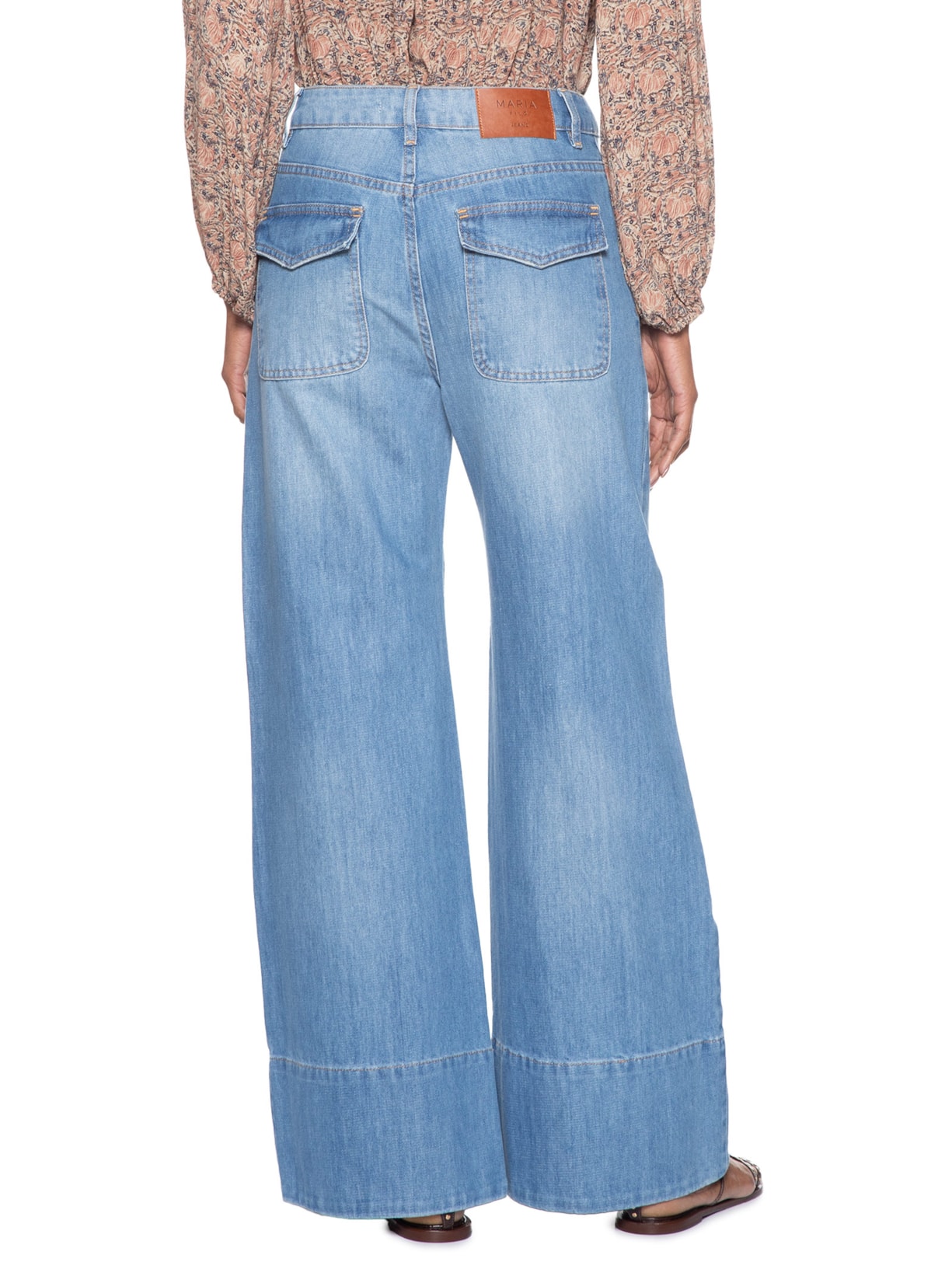 Calça Feminina Jeans Pantalona Com Barra Longa Azul Maria Filó