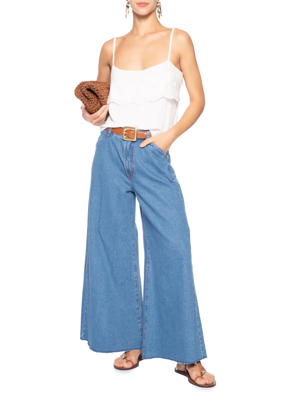 Calça Feminina Jeans Pantalona Detalhe Zig Zag Azul Dress To