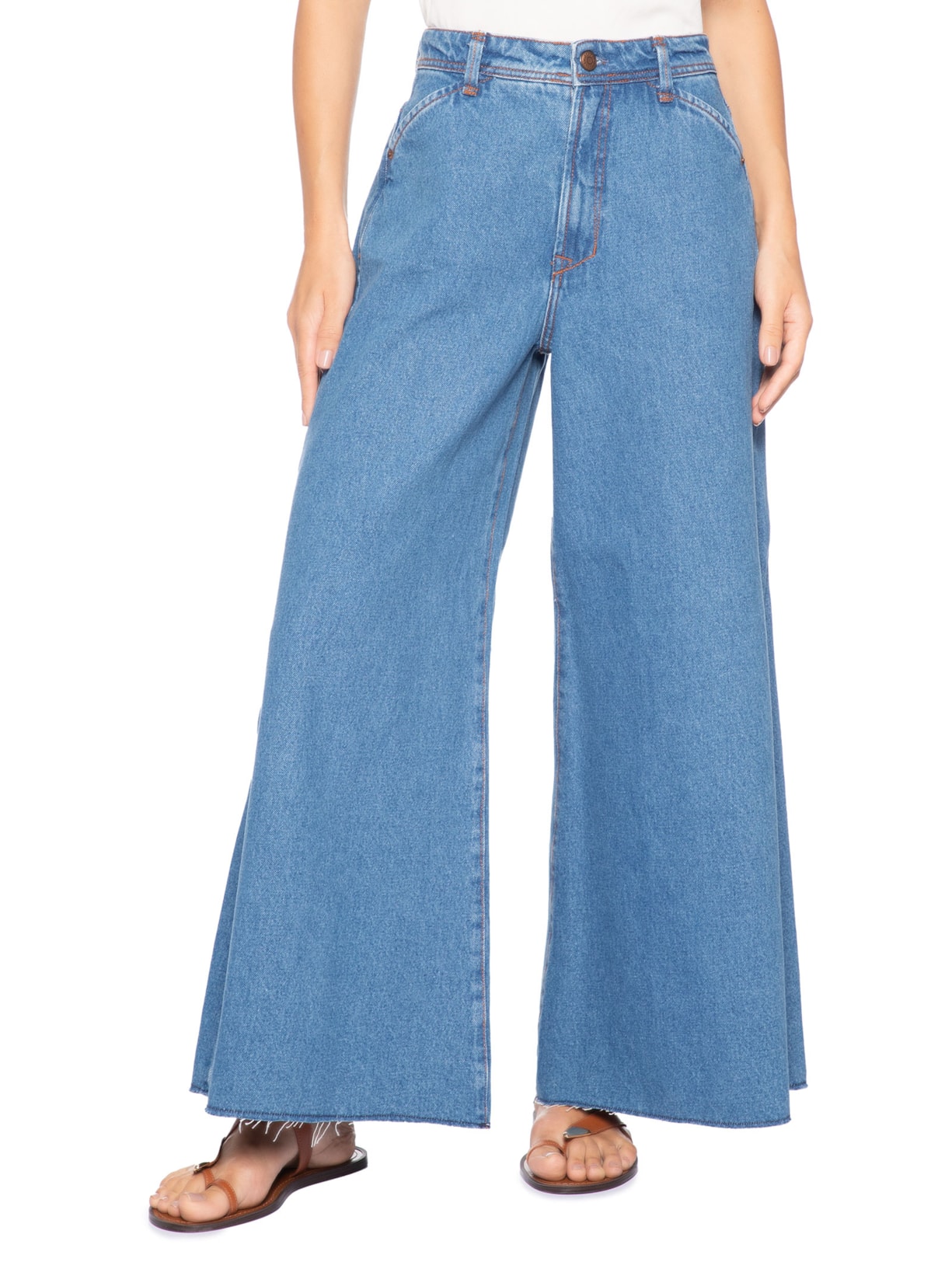 Calça Feminina Jeans Pantalona Detalhe Zig Zag Azul Dress To