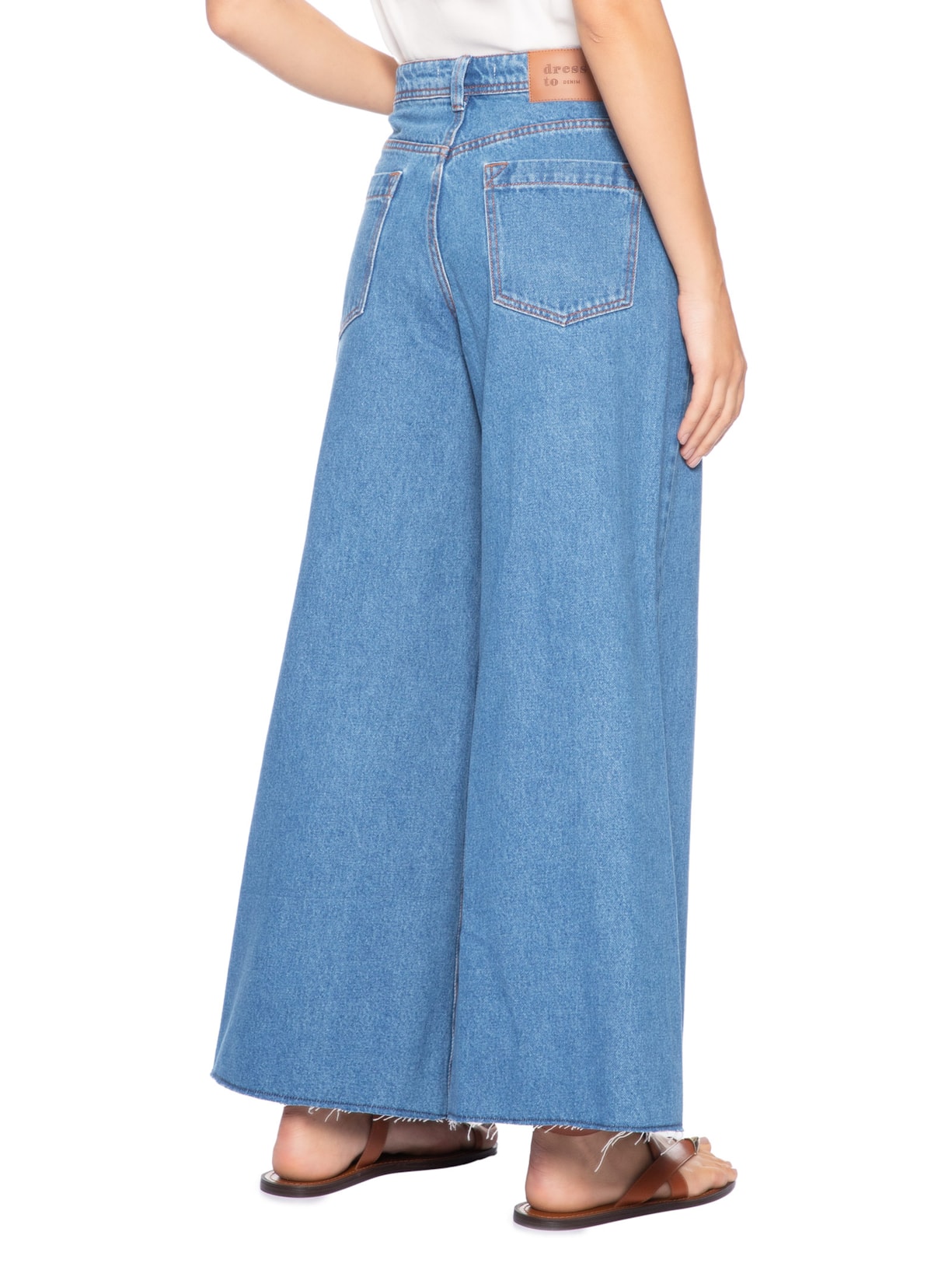 Calça Feminina Jeans Pantalona Detalhe Zig Zag Azul Dress To