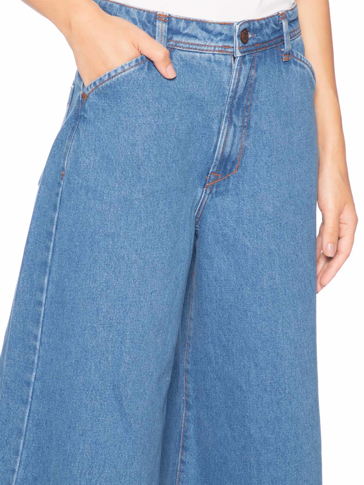 Calça Feminina Jeans Pantalona Detalhe Zig Zag Azul Dress To