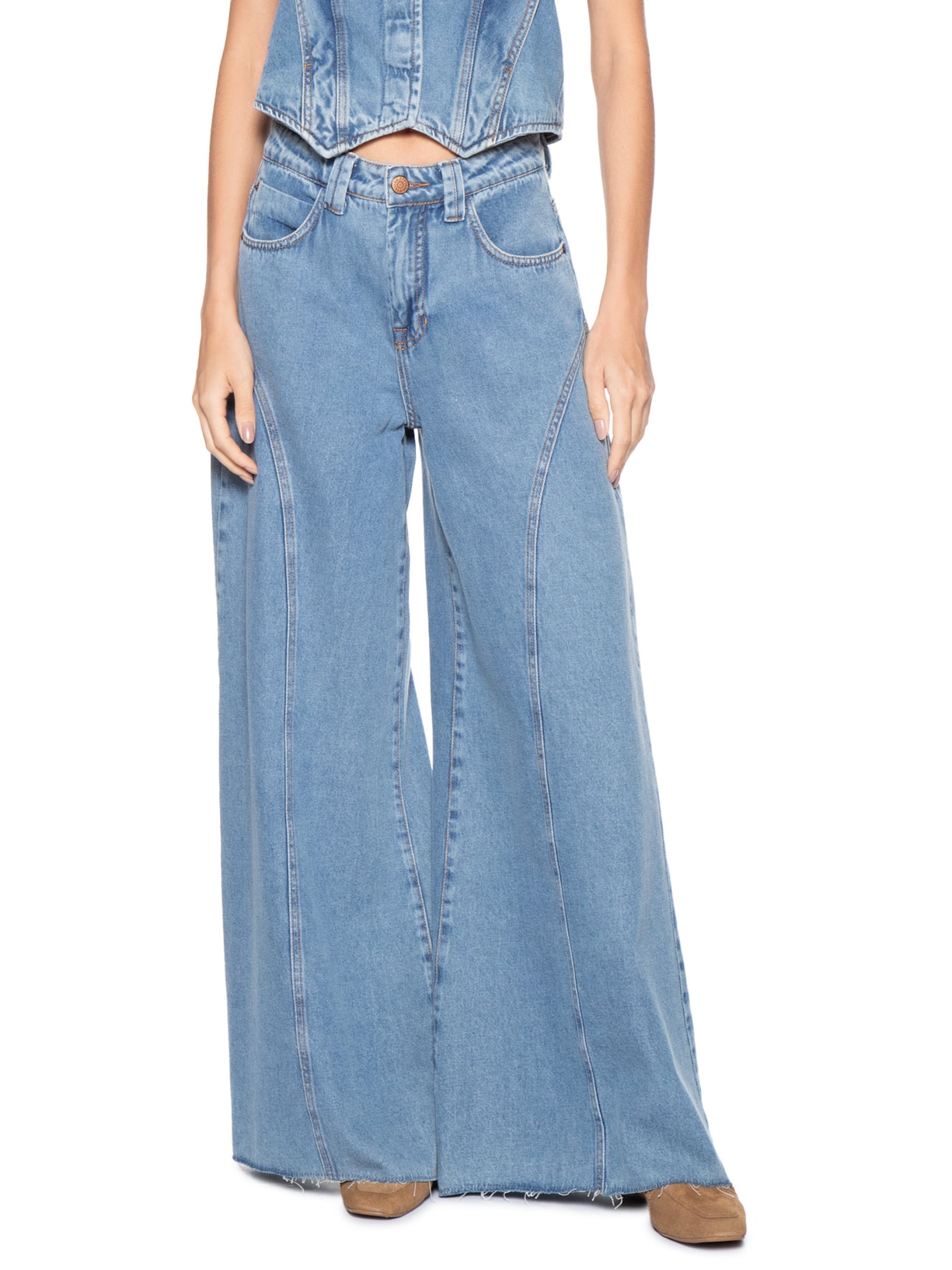 Calça Feminina Jeans Pantalona Recortes Azul Dress To