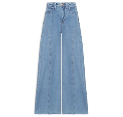 Calça Feminina Jeans Pantalona Recortes - Azul