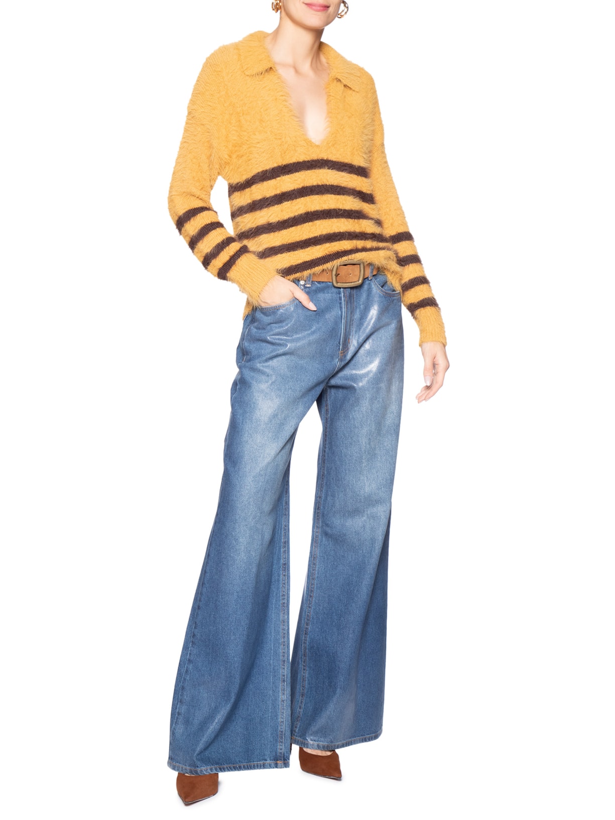 Calça Feminina Jeans Pantalona Resinada Azul Animale Jeans