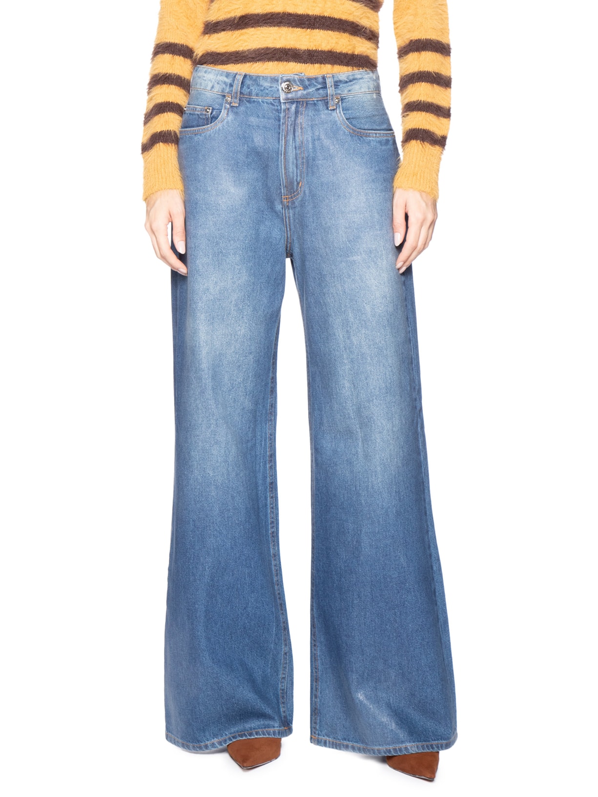 Calça Feminina Jeans Pantalona Resinada Azul Animale Jeans