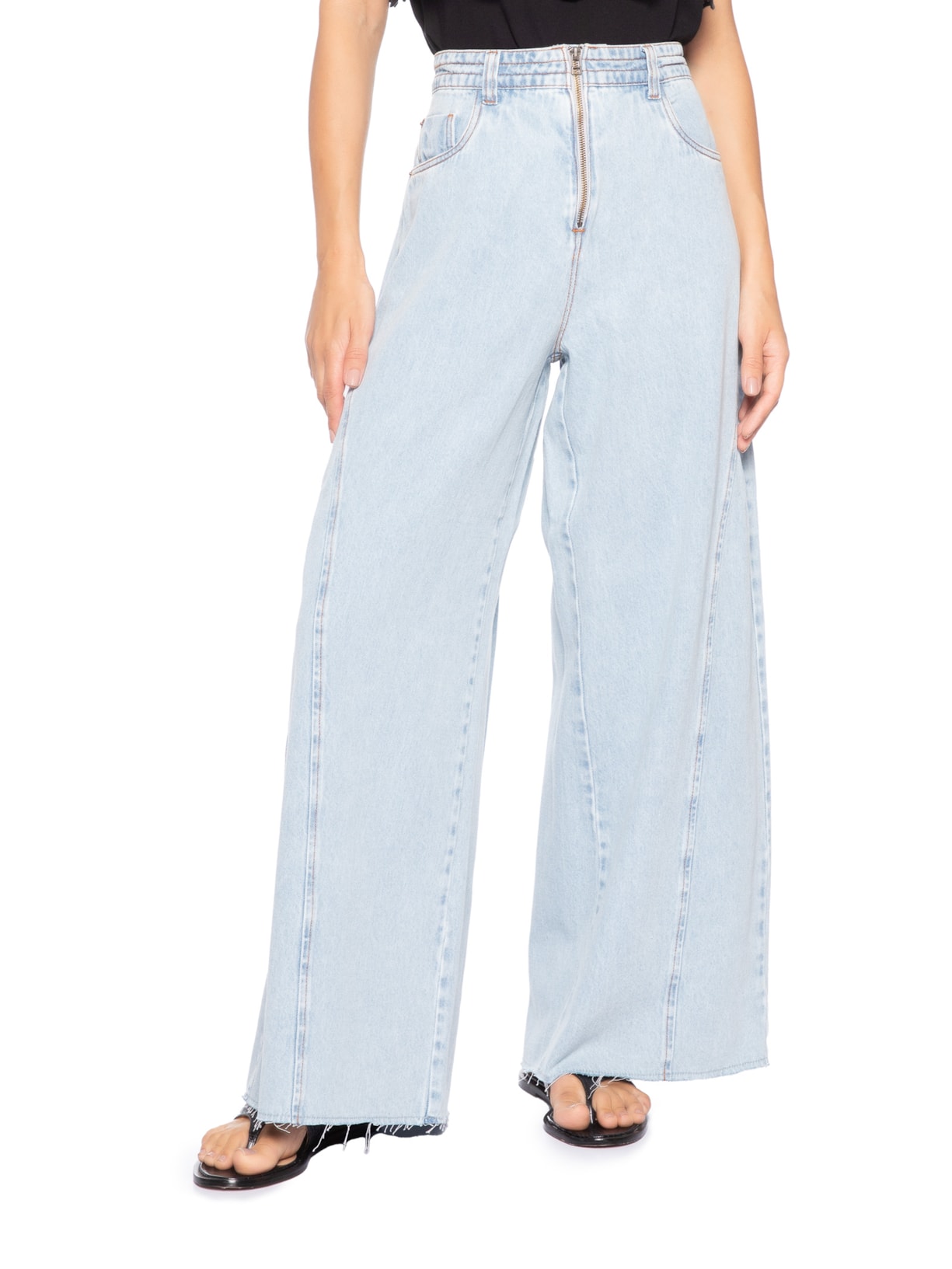 Calça Feminina Jeans Pantalona Zíper Azul Dress To