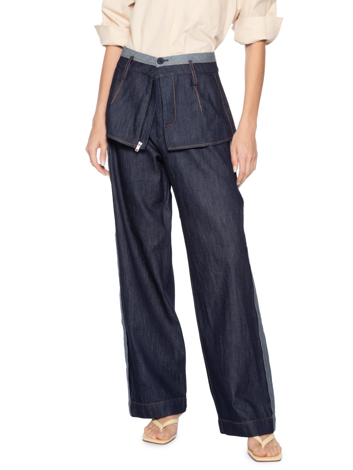 Calça Feminina Jeans Pesponto Contrastante Azul Coven