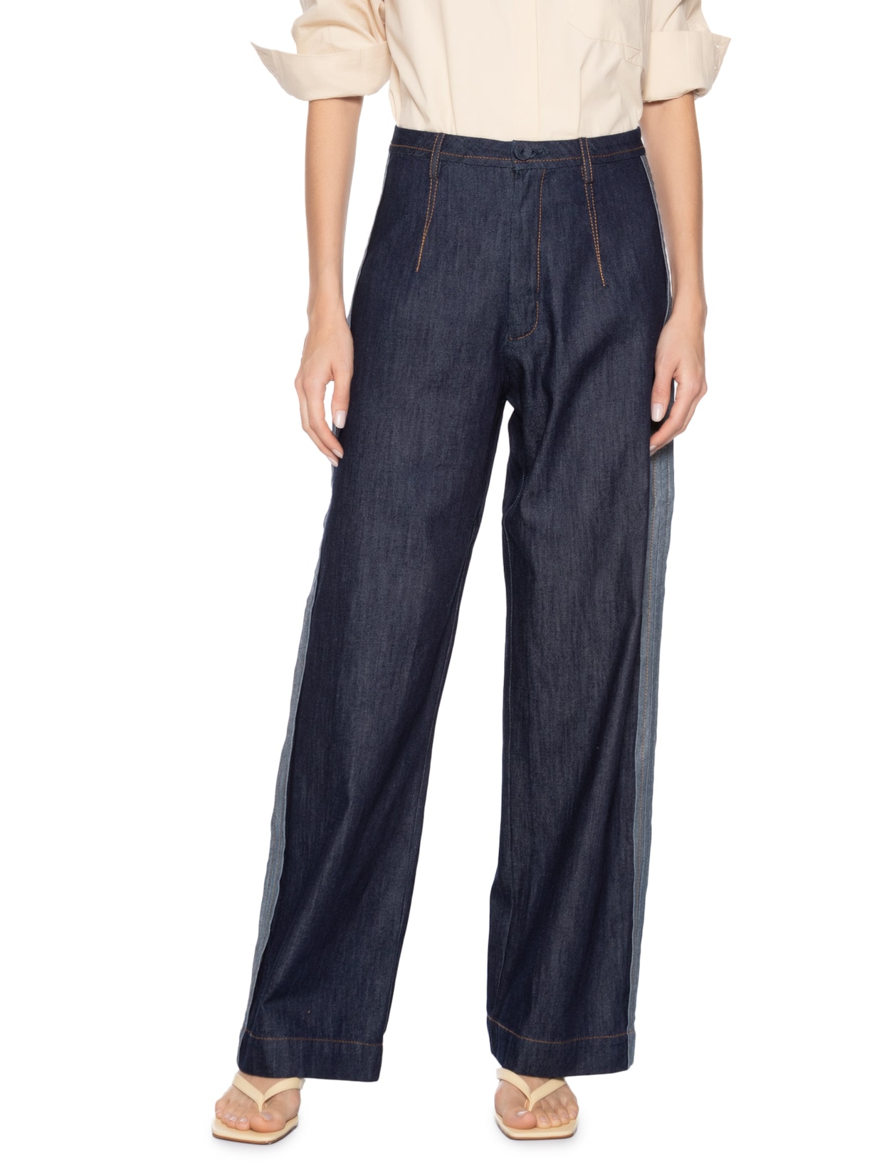 Calça Feminina Jeans Pesponto Contrastante Azul Coven