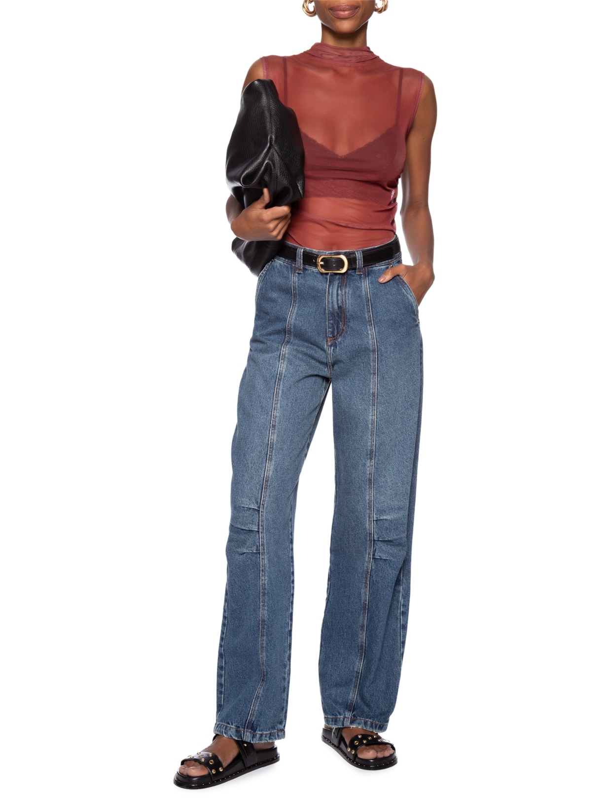 Calça Feminina Jeans Pregas Bolso De Couro Azul Animale Jeans