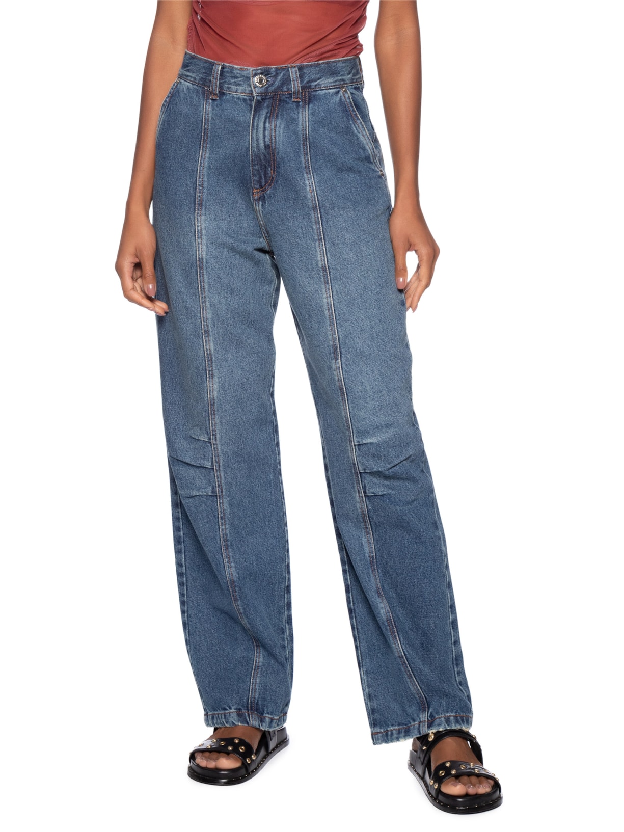 Calça Feminina Jeans Pregas Bolso De Couro Azul Animale Jeans