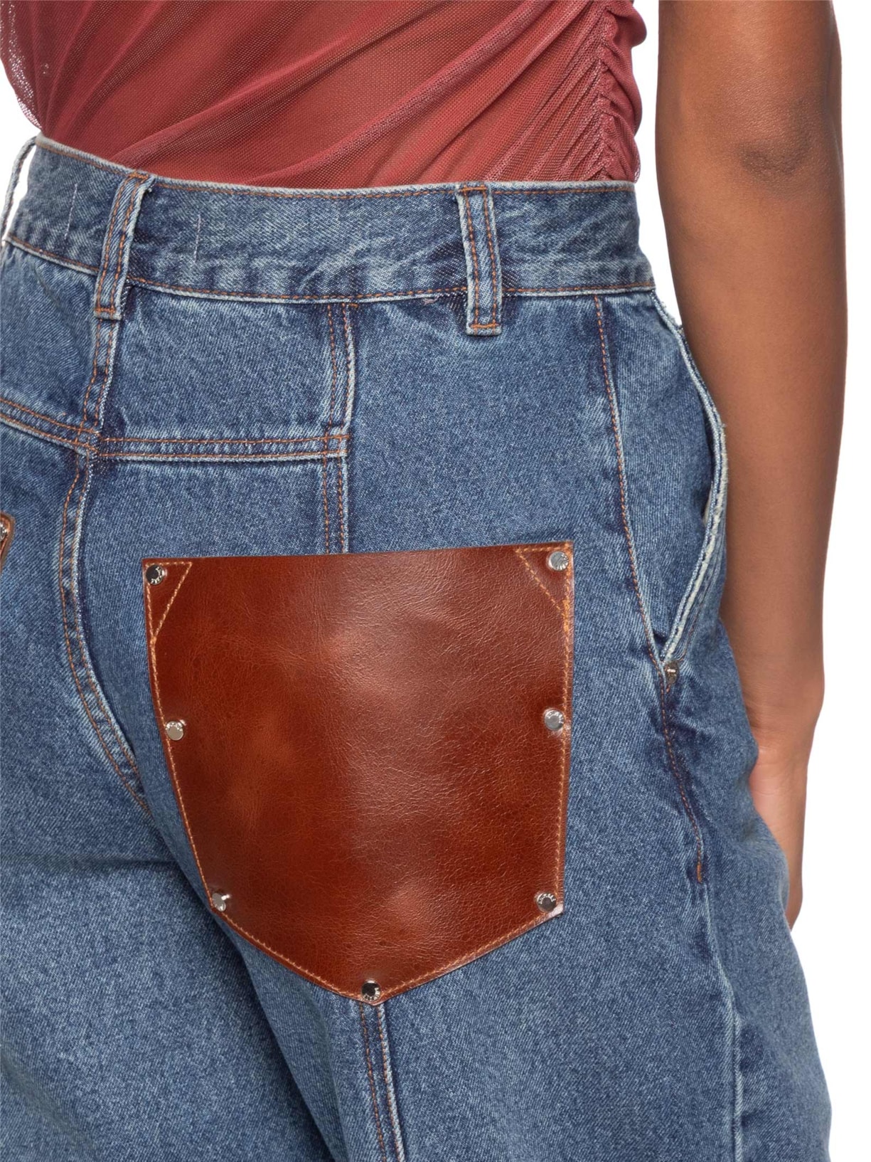 Calça Feminina Jeans Pregas Bolso De Couro Azul Animale Jeans