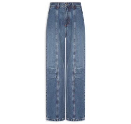 Calça Feminina Jeans Pregas Bolso De Couro - Azul