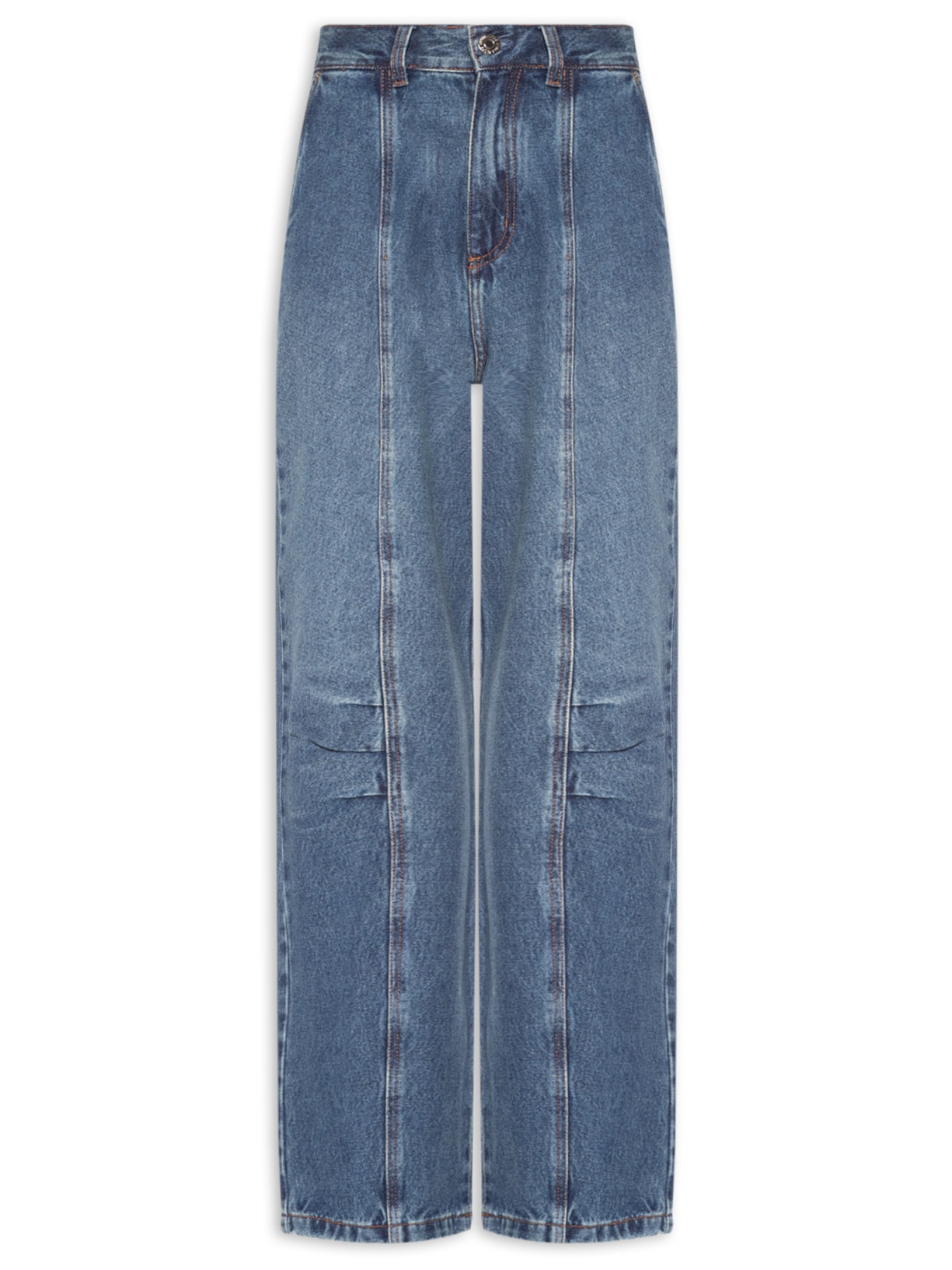 Calça Feminina Jeans Pregas Bolso De Couro - Azul