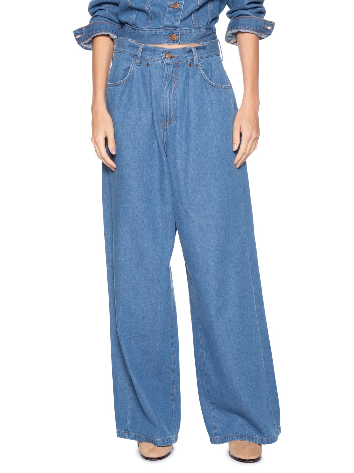 Calça Feminina Jeans Pregas Cós Azul Dress To