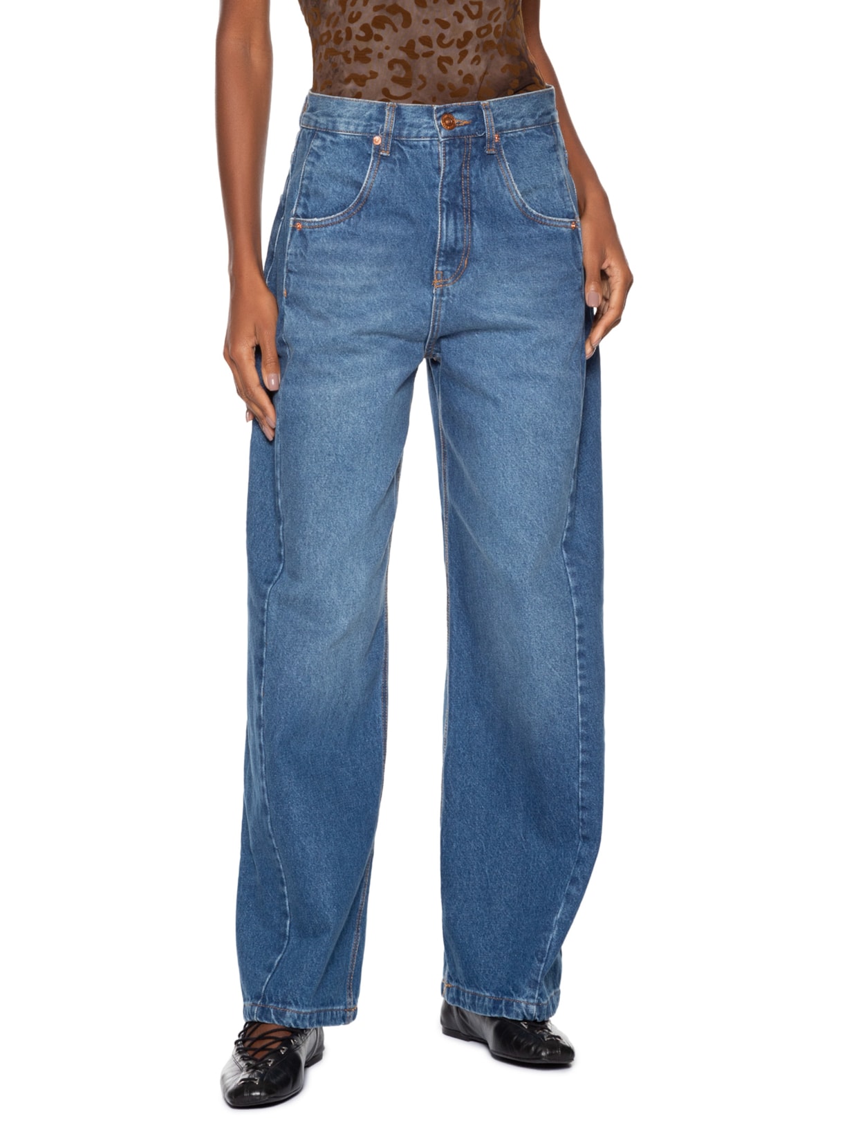 Calça Feminina Jeans Recorte Com Prega Azul Animale Jeans