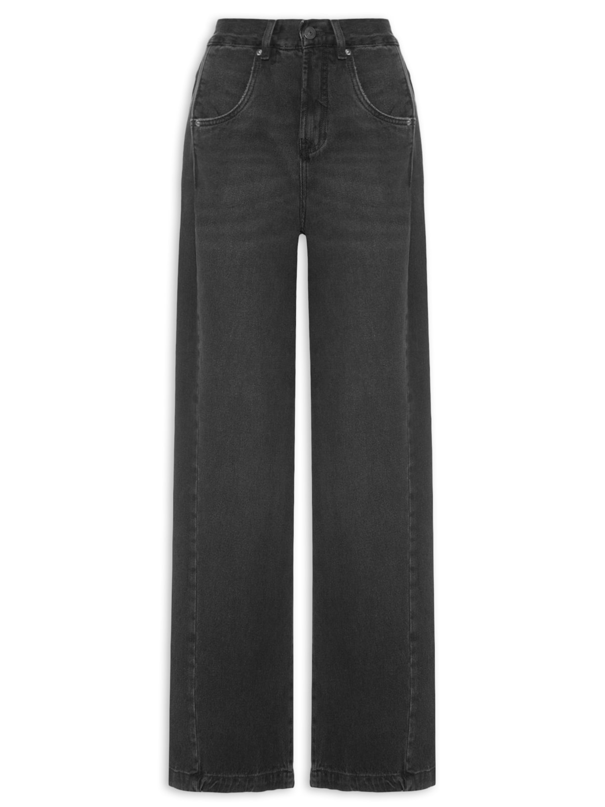 Calça Feminina Jeans Recorte Com Prega - Preto