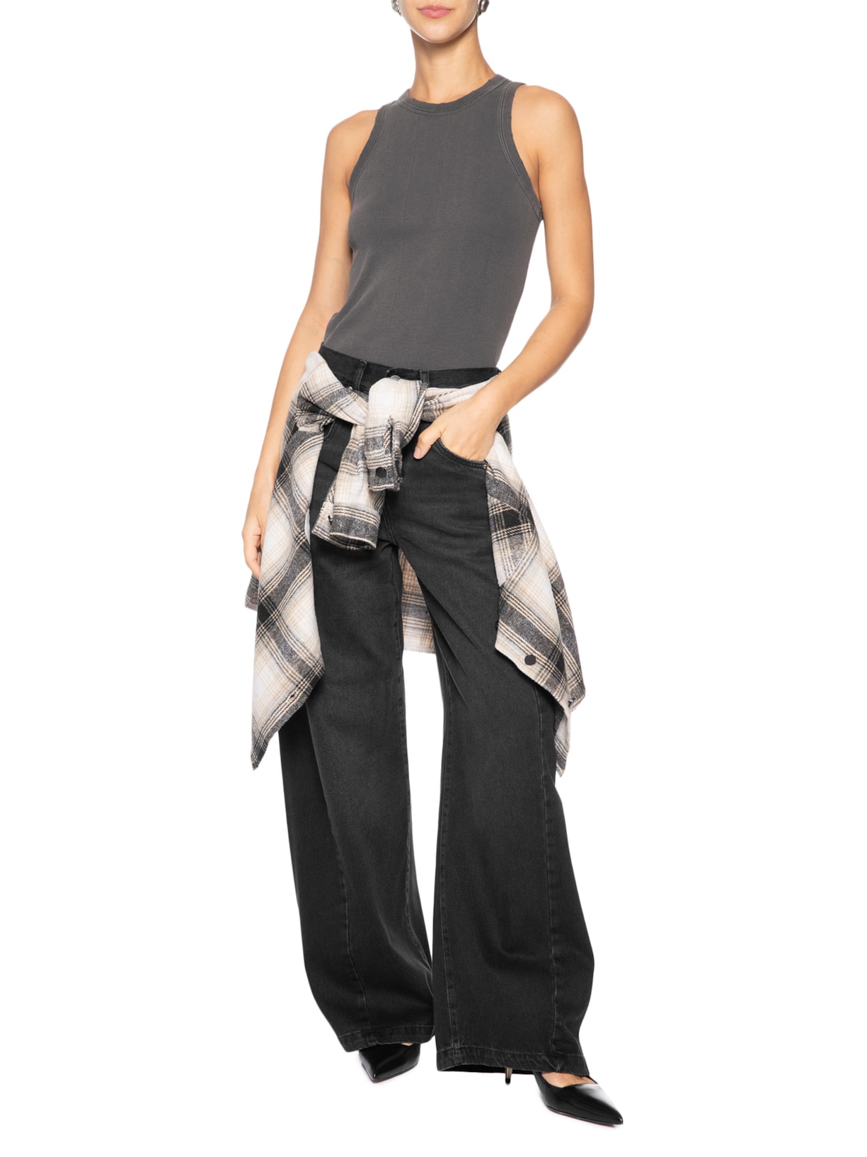 Calça Feminina Jeans Recorte Com Prega Preto Animale Jeans
