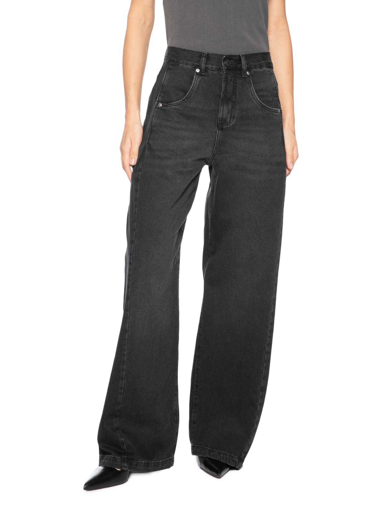Calça Feminina Jeans Recorte Com Prega Preto Animale Jeans