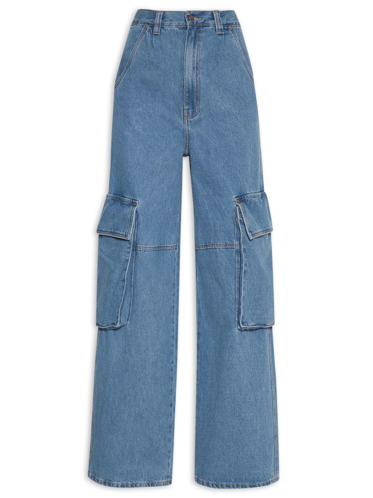Calça Feminina Jeans Recortes Cargo - Azul