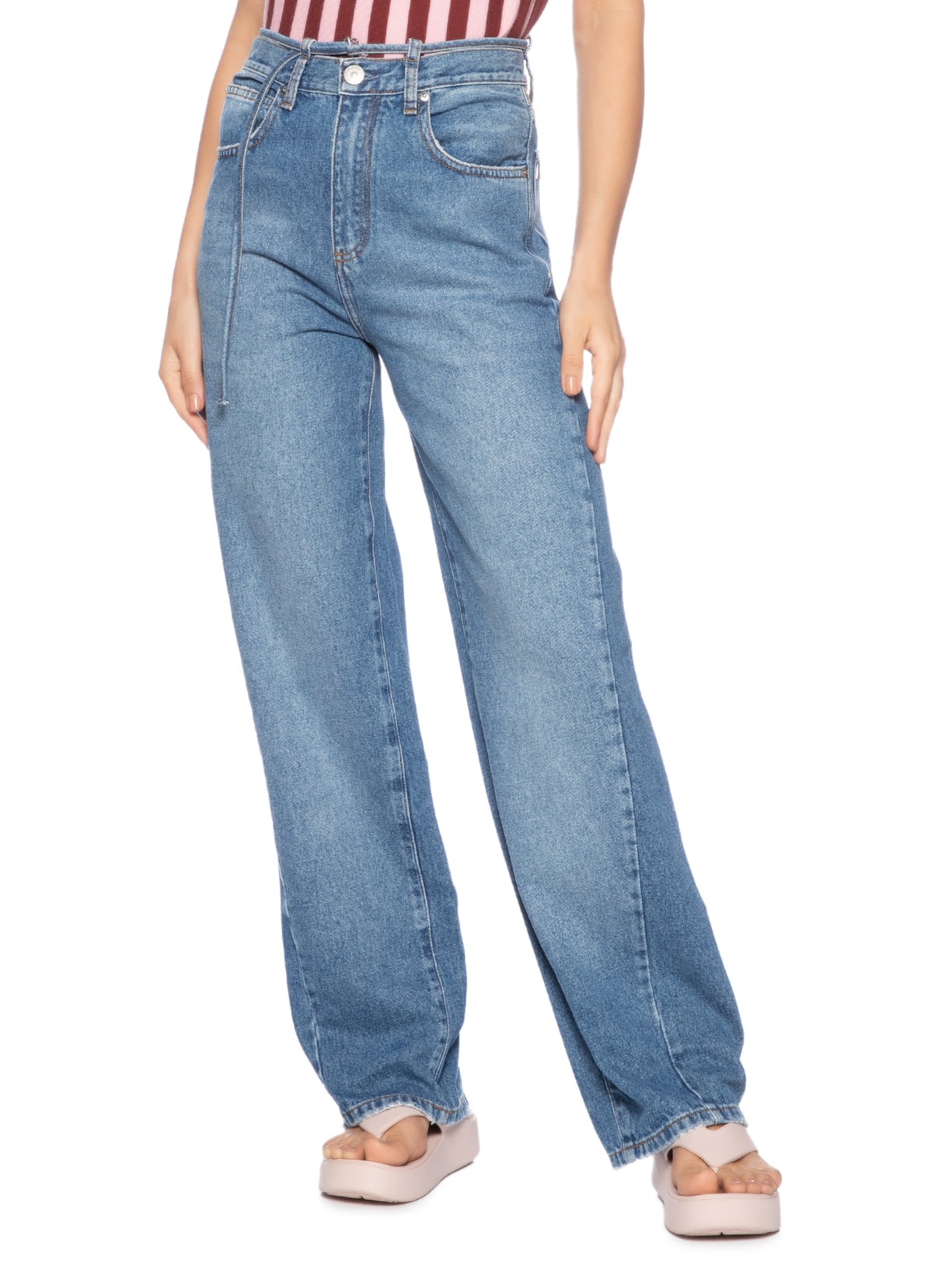  Calça Feminina Jeans Reta Detalhe Cinto Azul Animale Jeans