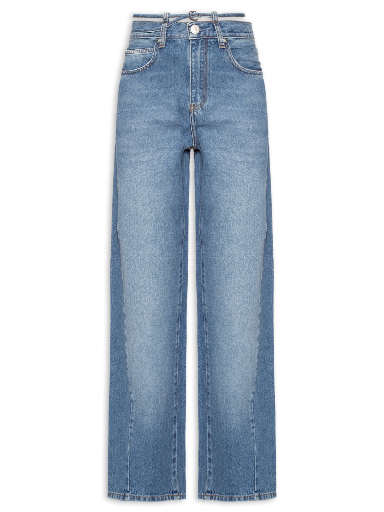 Calça Feminina Jeans Reta Detalhe Cinto - Azul