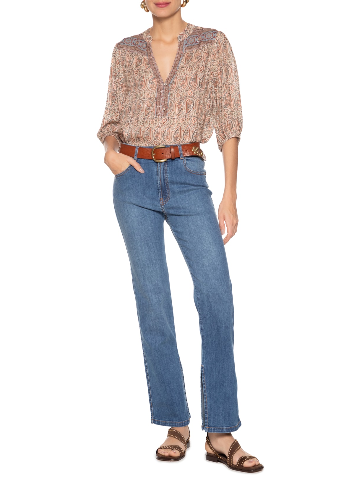 Calça Feminina Jeans Reta Fenda Azul Maria Filó