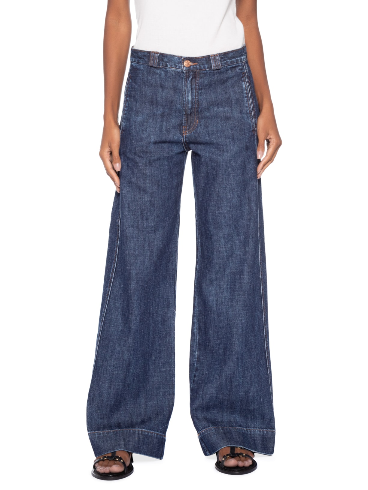 Calça Feminina Jeans Reta Recorte Lateral Azul Maria Filó