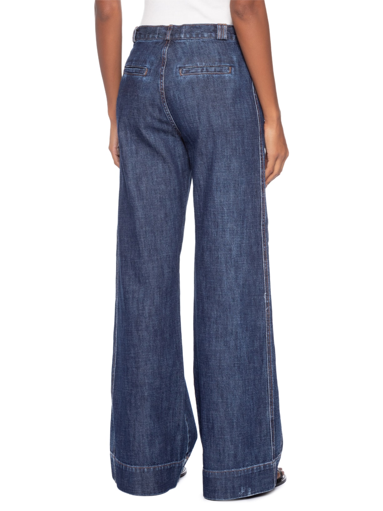 Calça Feminina Jeans Reta Recorte Lateral Azul Maria Filó