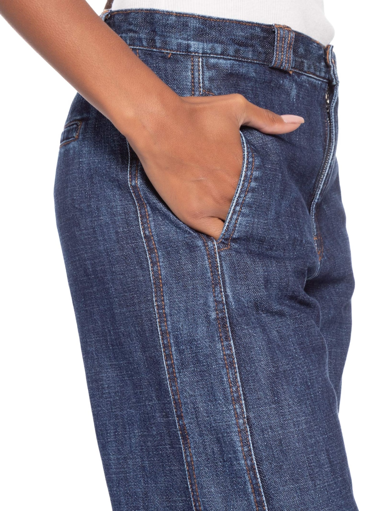 Calça Feminina Jeans Reta Recorte Lateral Azul Maria Filó