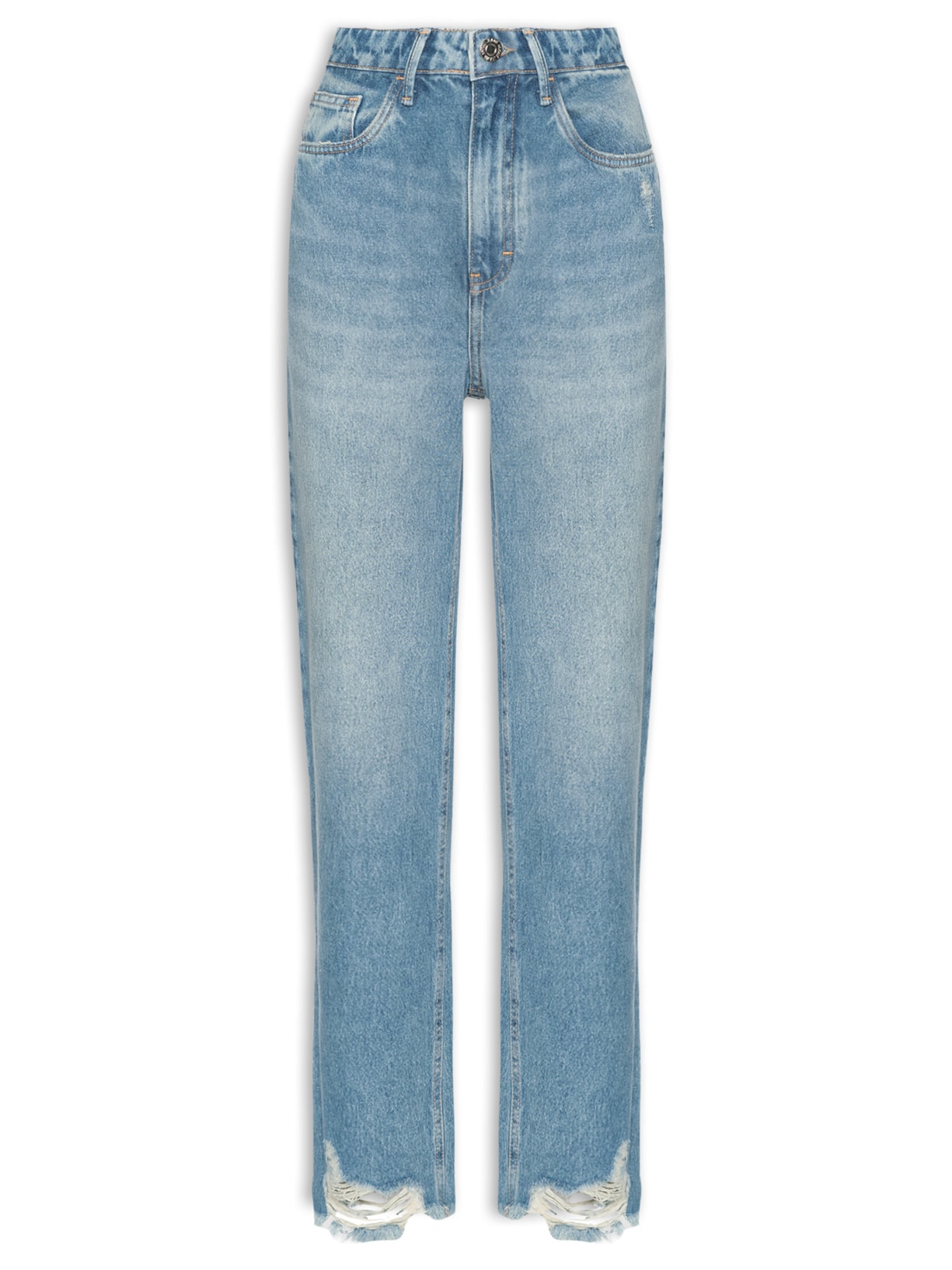 Calça Feminina Jeans Reta Rock Destroyed Na Barra - Azul