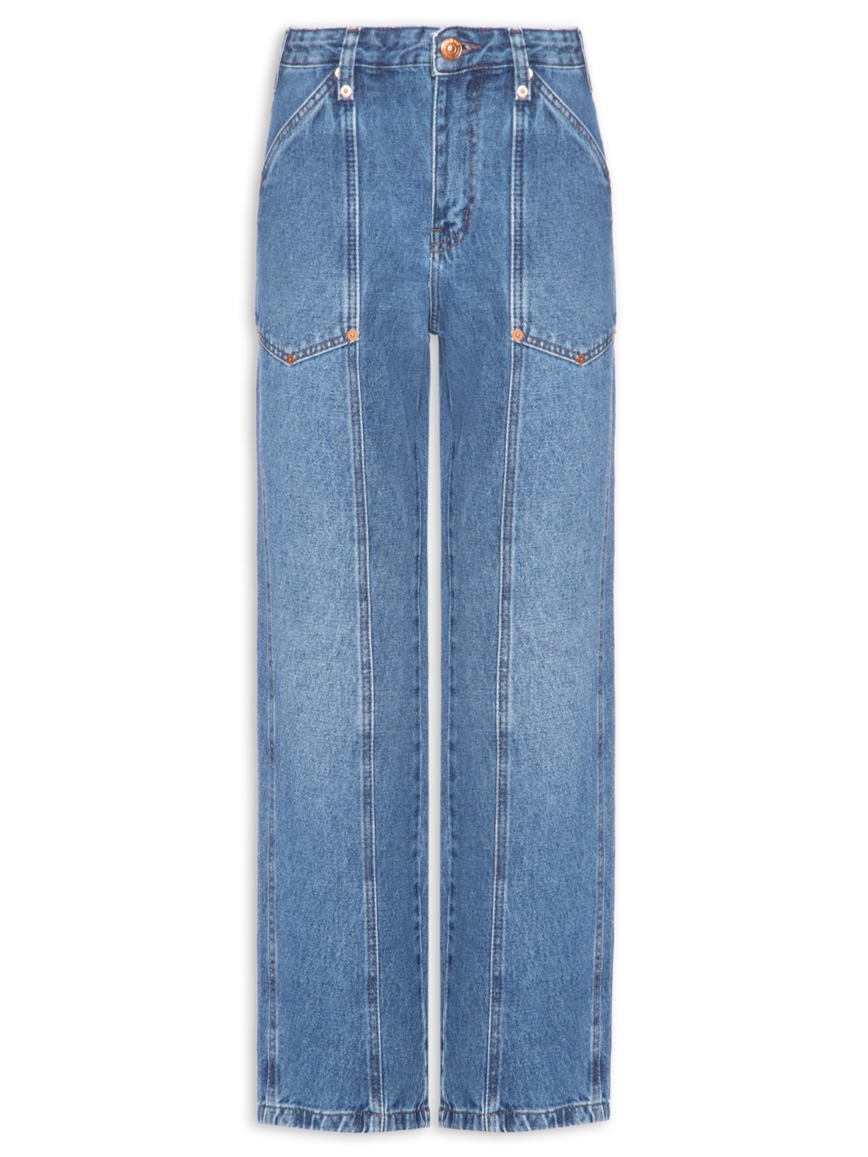 Calça Feminina Jeans Reta Rock Rebites - Azul