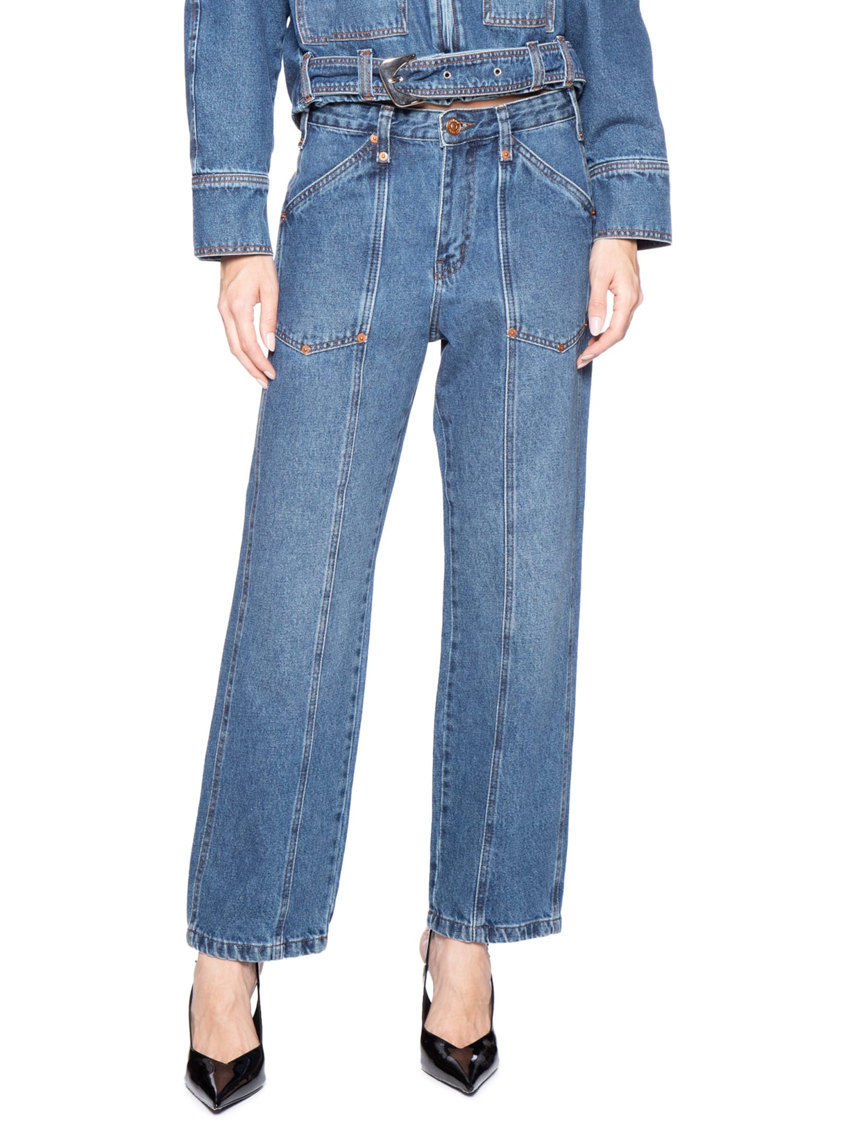 Calça Feminina Jeans Reta Rock Rebites Azul Animale Jeans