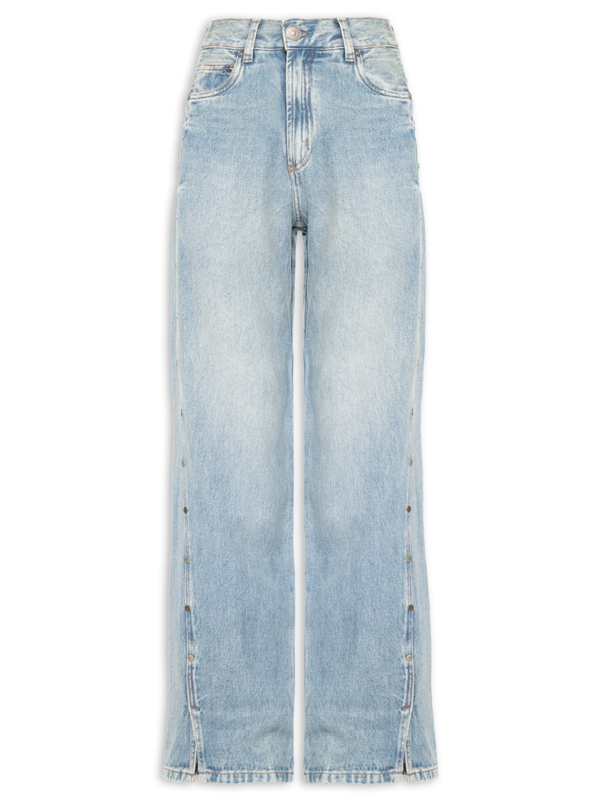 Calça Feminina Jeans Reta Tachas Fenda Na Barra - Azul