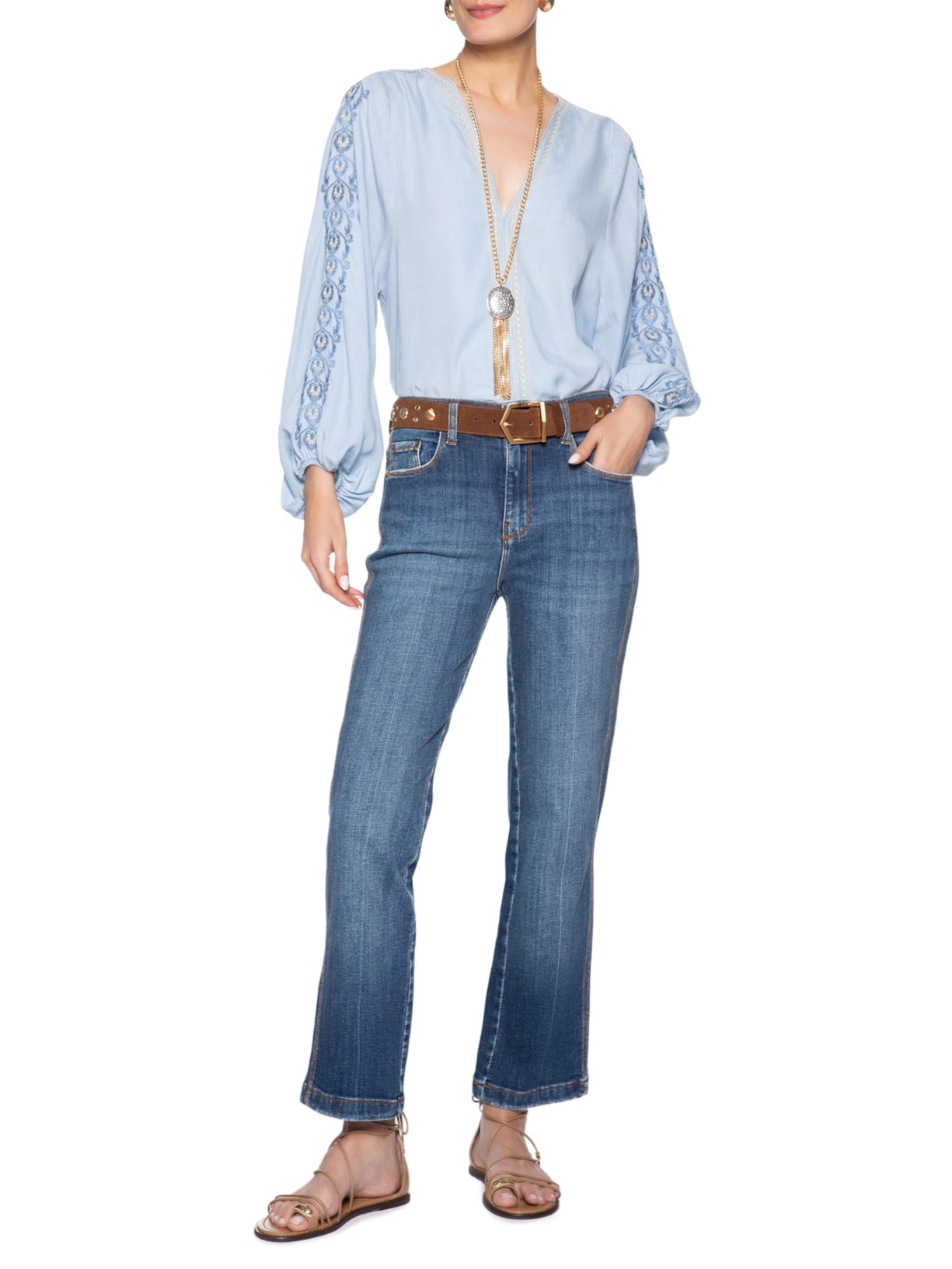 Calça Feminina Jeans Reta Used Vinco Azul Maria Filó