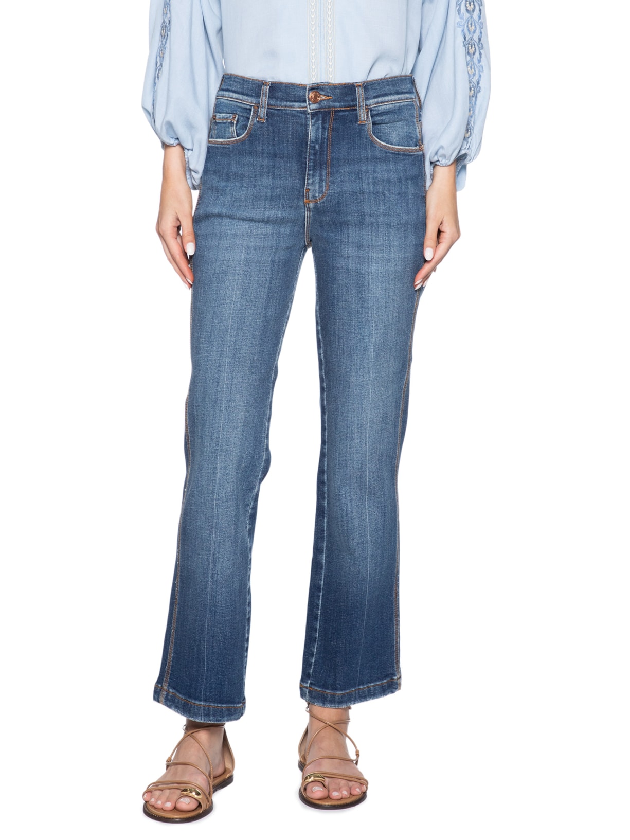 Calça Feminina Jeans Reta Used Vinco Azul Maria Filó