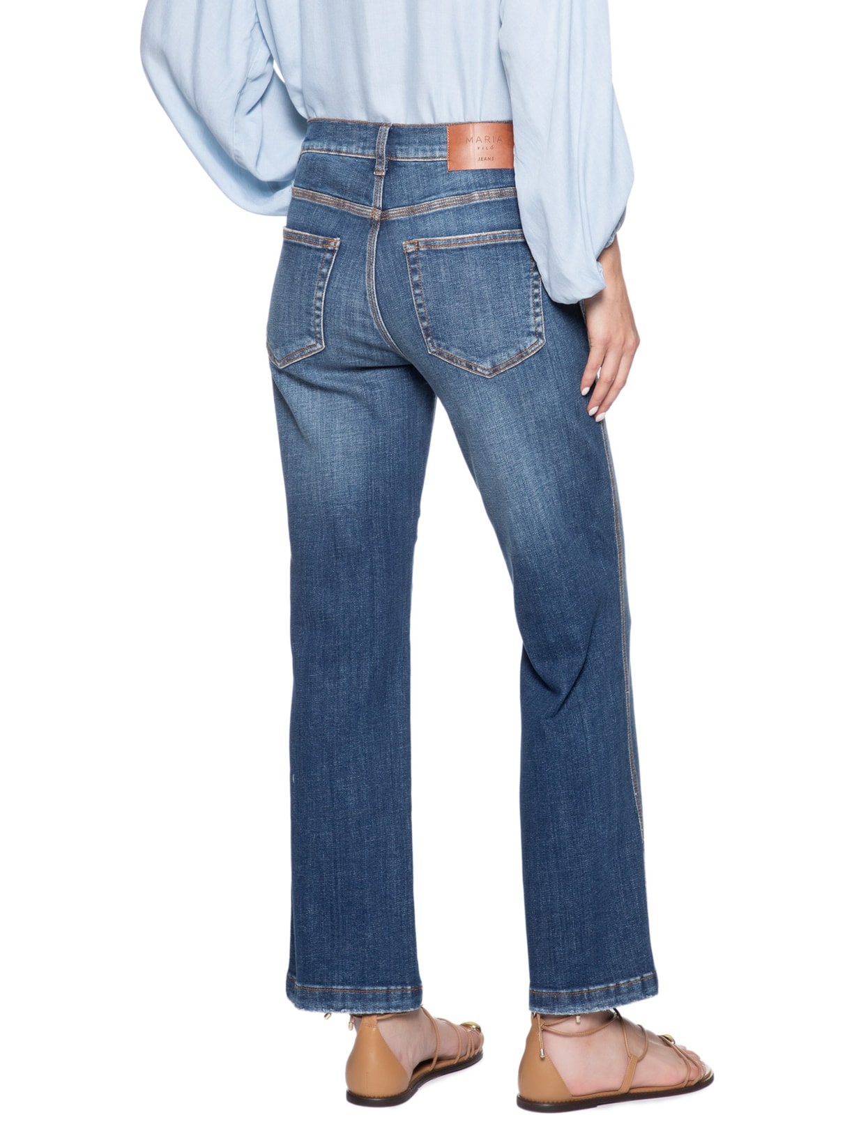 Calça Feminina Jeans Reta Used Vinco Azul Maria Filó