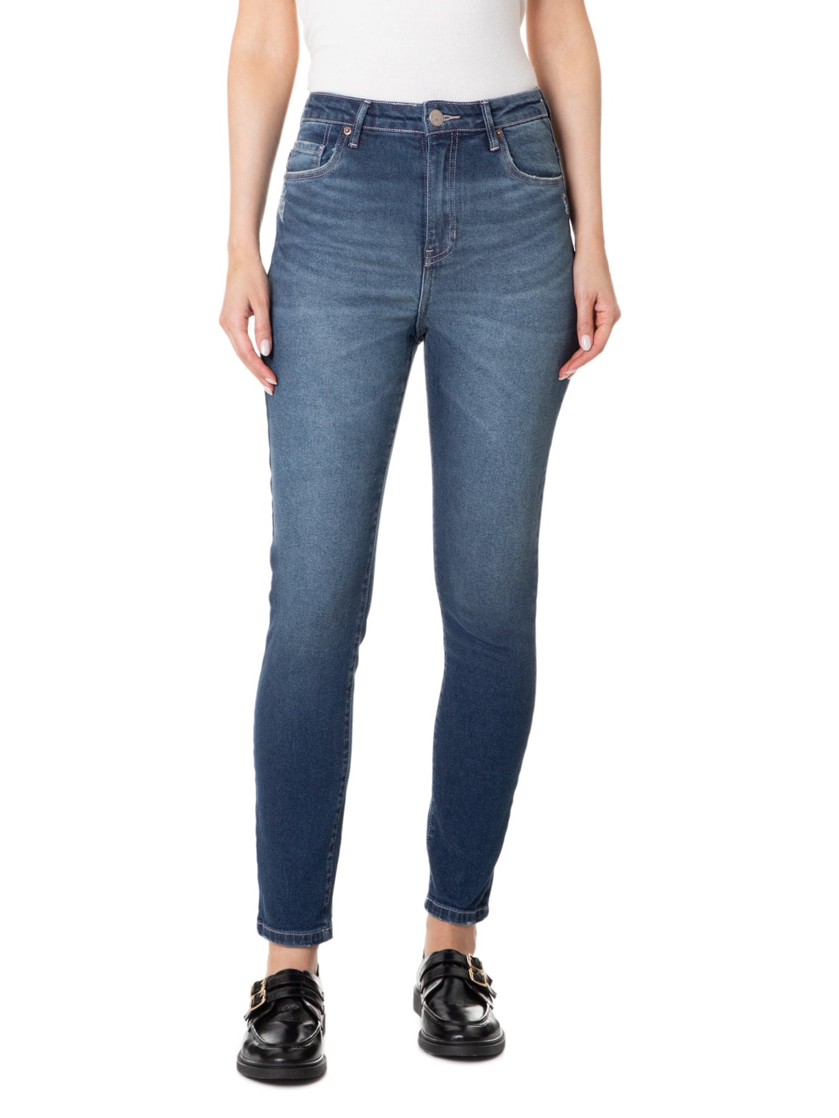 Calça Feminina Jeans Skinny Basic High Puídos Azul Animale Jeans