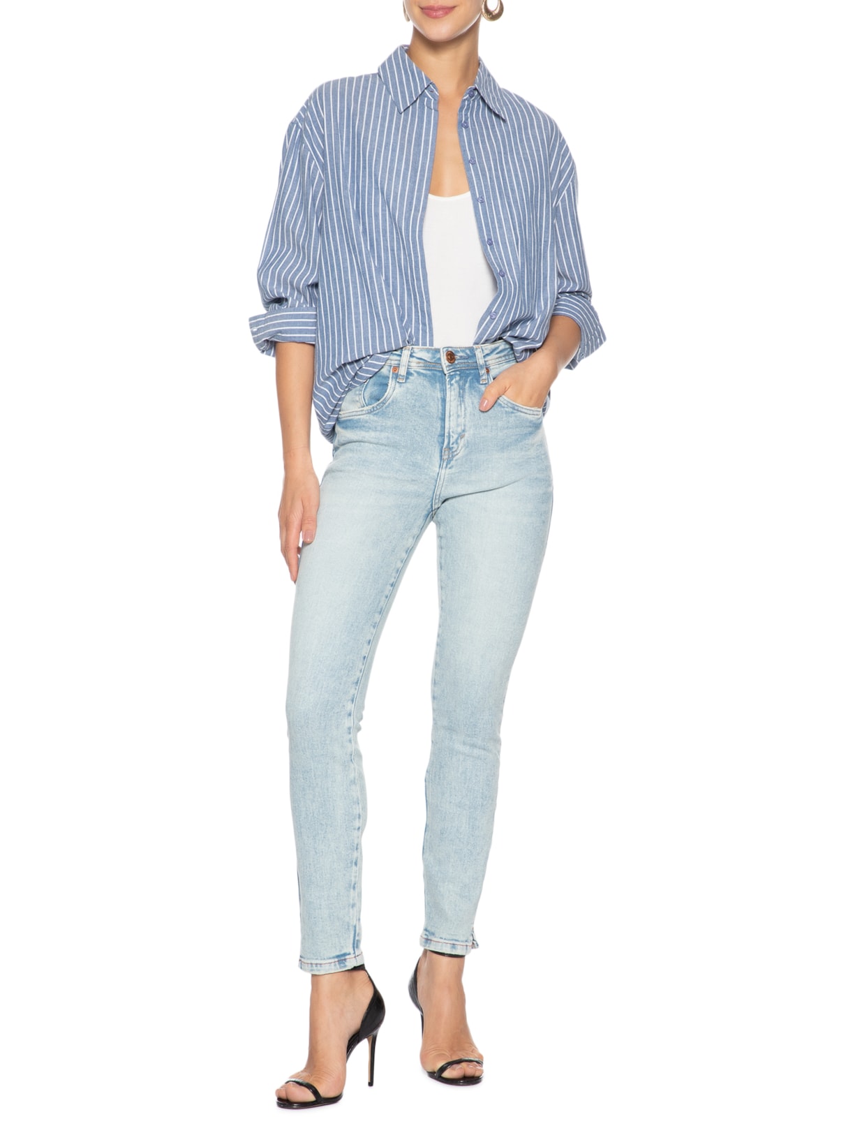 Calça Feminina Jeans Skinny Basic Midi Fenda Azul Animale Jeans