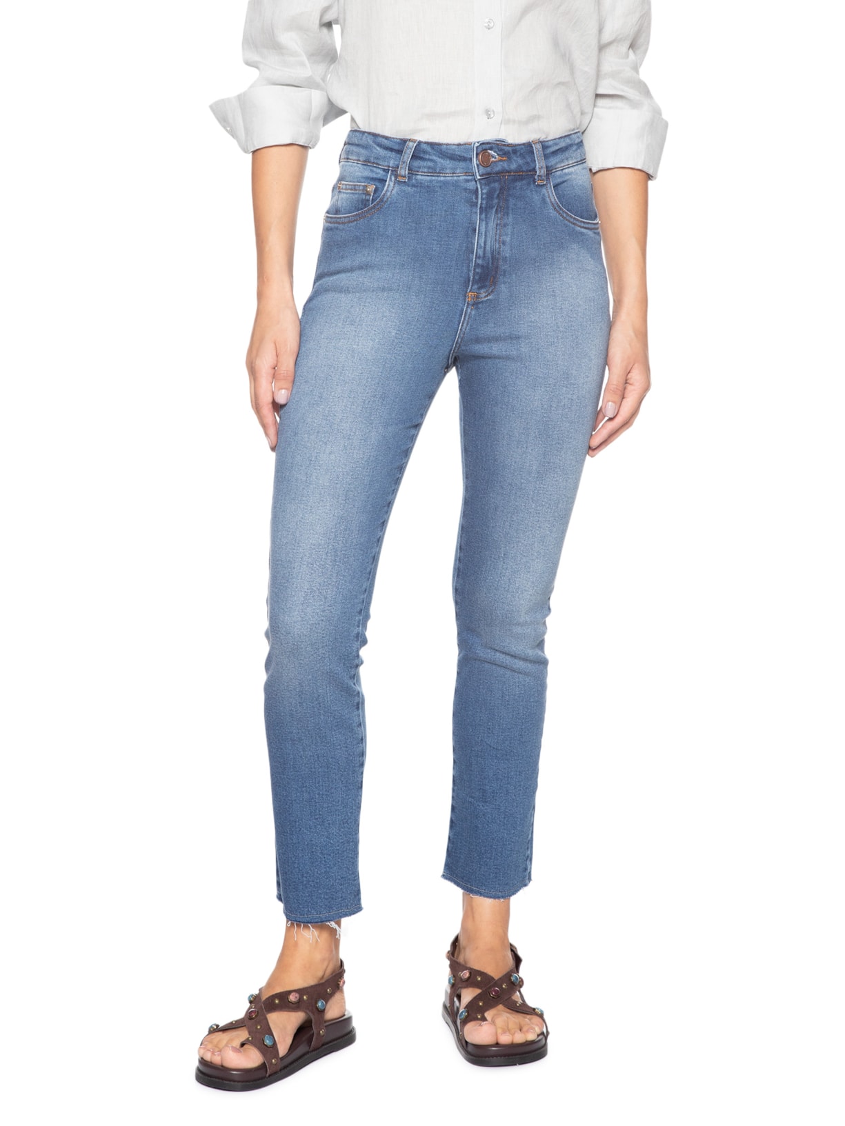 Calça Feminina Jeans Slim Barra Desfiada Azul Maria Filó