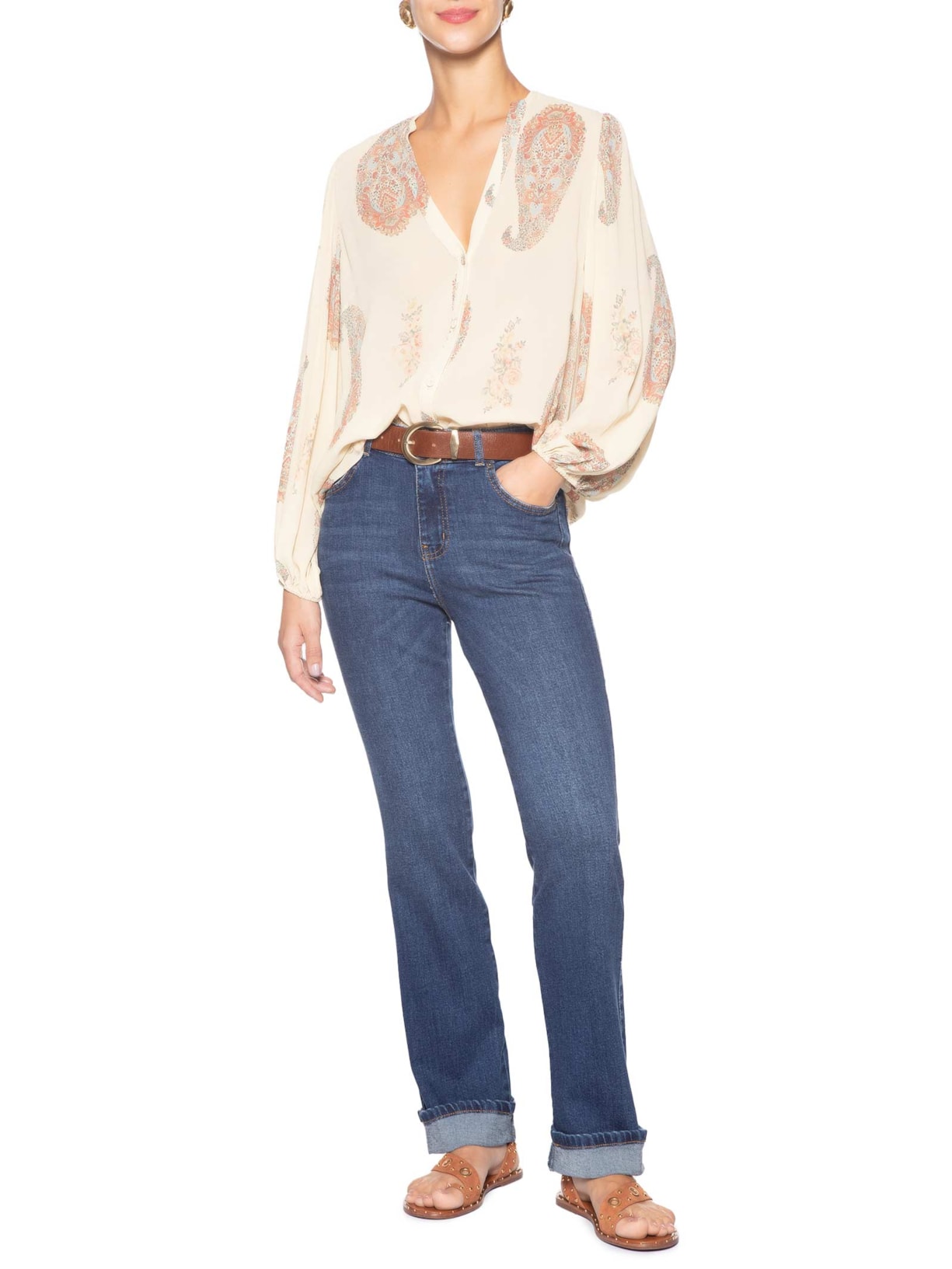 Calça Feminina Jeans Slim Barra Virada Azul Maria Filó