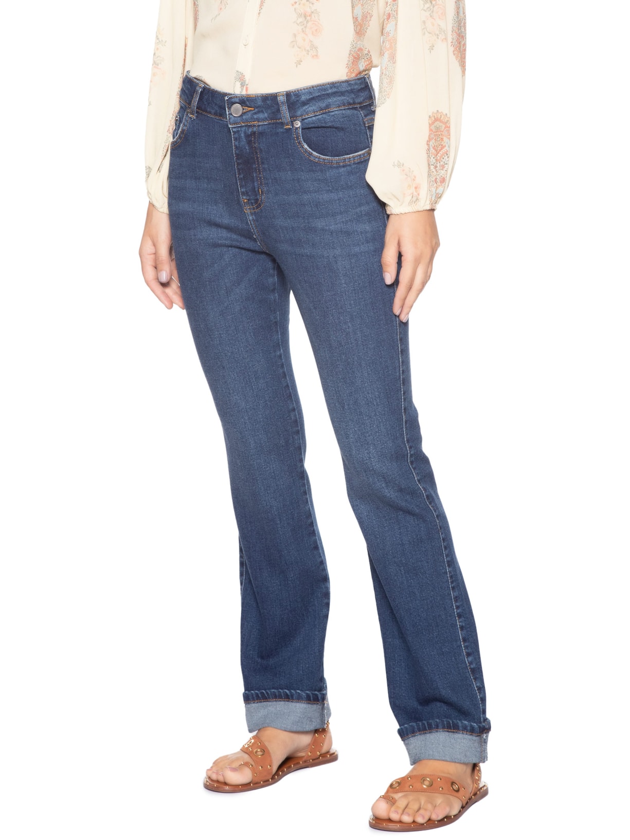 Calça Feminina Jeans Slim Barra Virada Azul Maria Filó