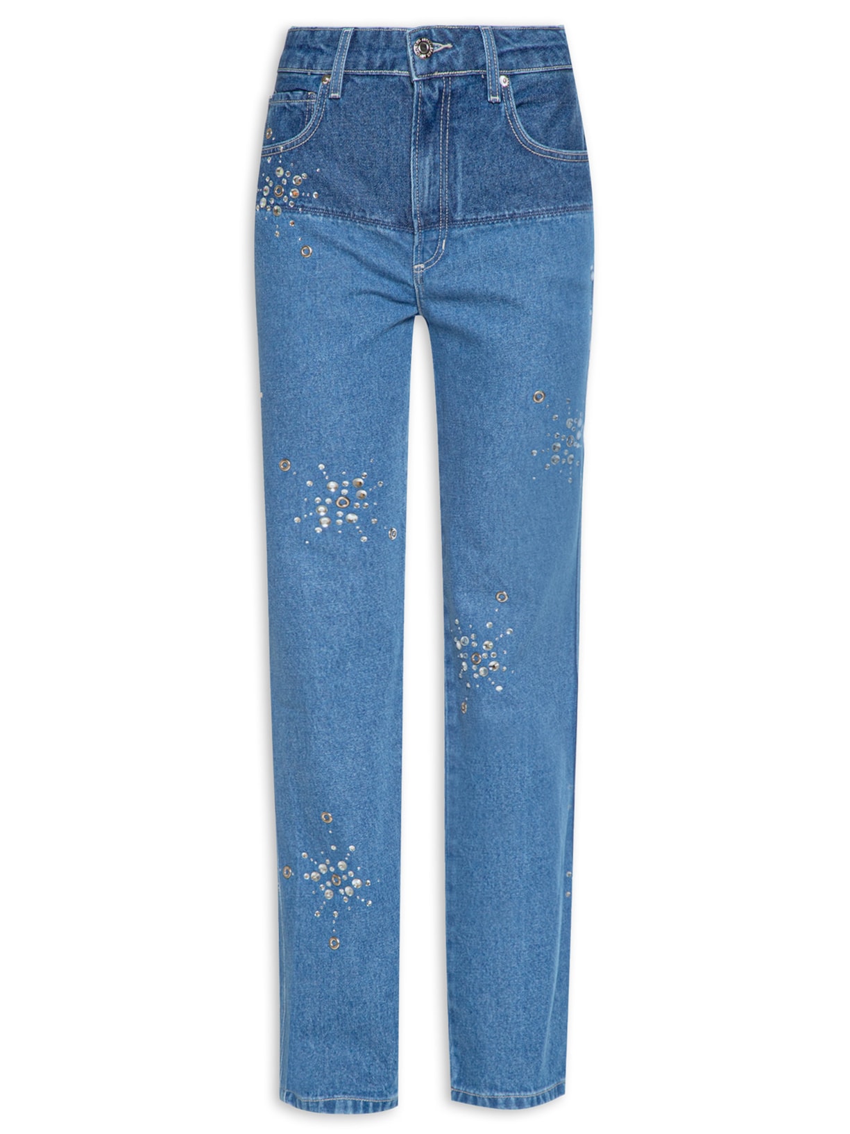 Calça Feminina Jeans Straight Recorte Hot Fix - Azul