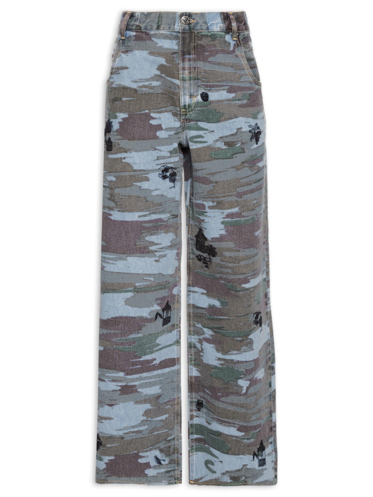 Calça Feminina Jeans Wide Leg Camuflado Bordado - Verde