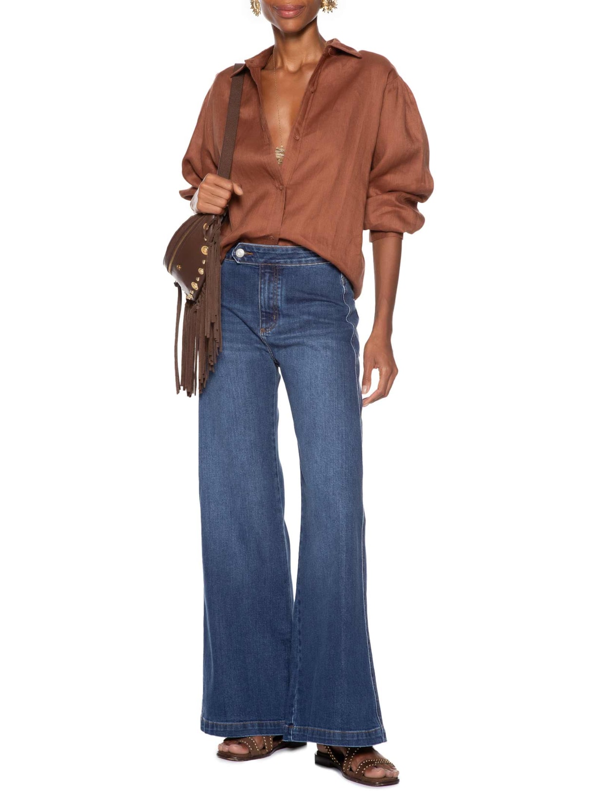 Calça Feminina Jeans Wide Leg Cós Aleta Azul Maria Filó