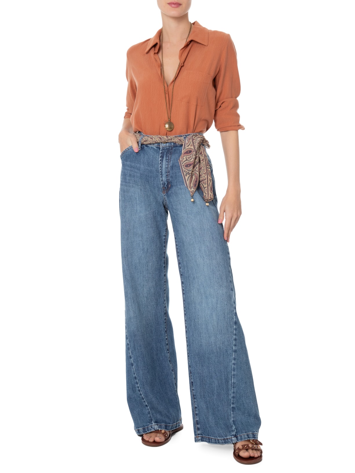 Calça Feminina Jeans Wide Leg Nesgas Azul Maria Filó