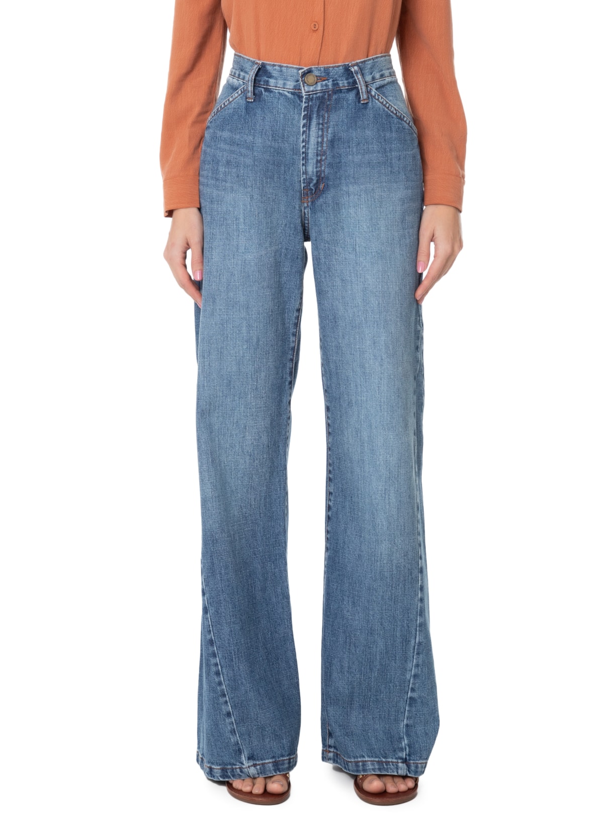 Calça Feminina Jeans Wide Leg Nesgas Azul Maria Filó