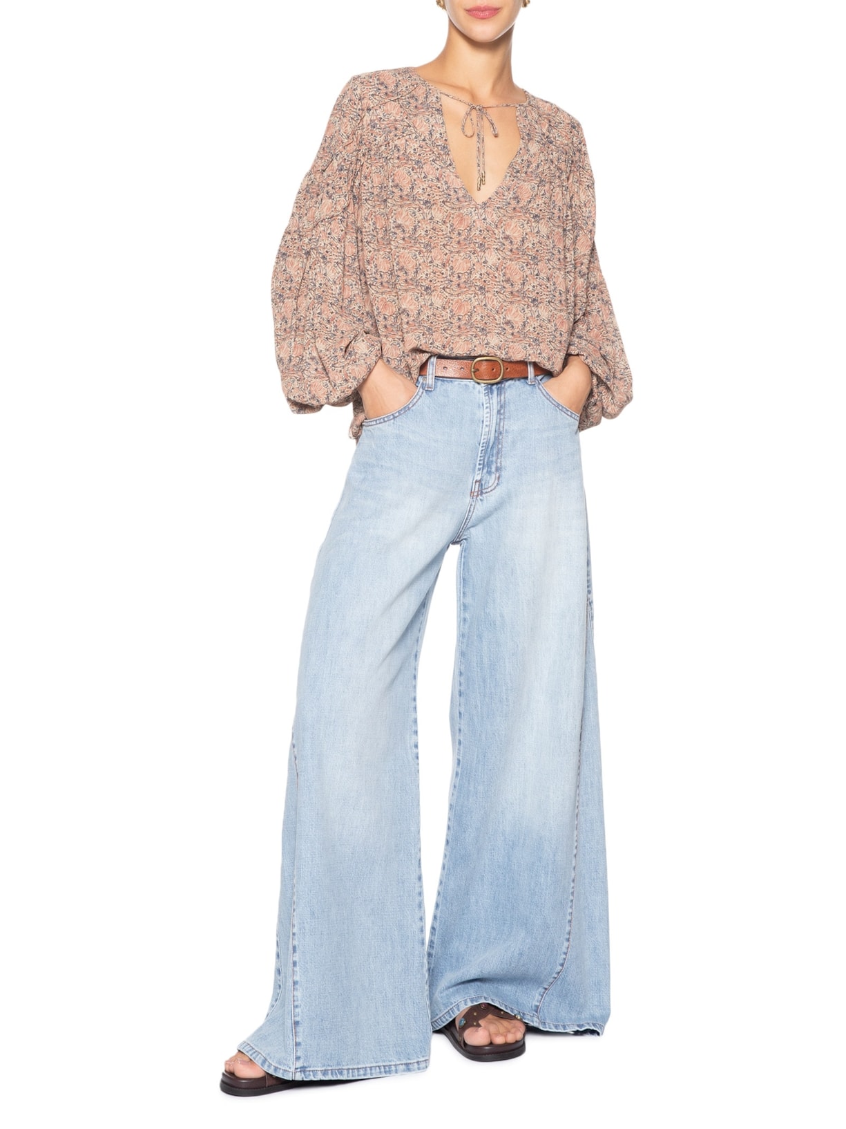 Calça Feminina Jeans Wide Leg Nesgas Azul Maria Filó