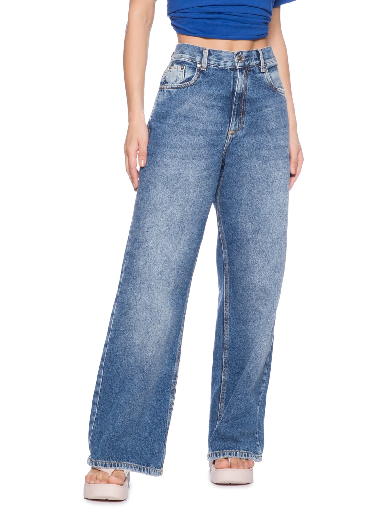 Calça Feminina Jeans Wide Leg Stoned Azul Animale Jeans